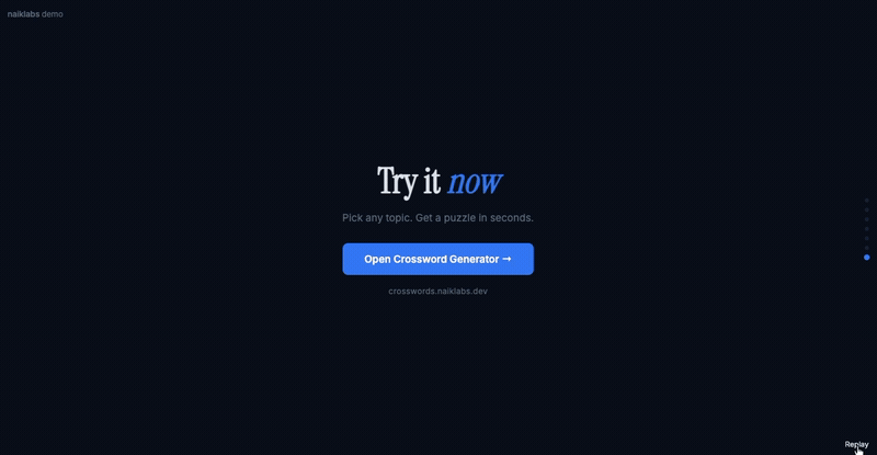 Crossword Generator demo — enter a topic, generate a crossword, and solve it