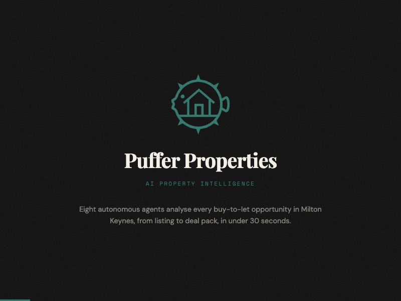Puffer Properties demo — multi-agent pipeline processing property listings through sift, grade, model and verdict stages